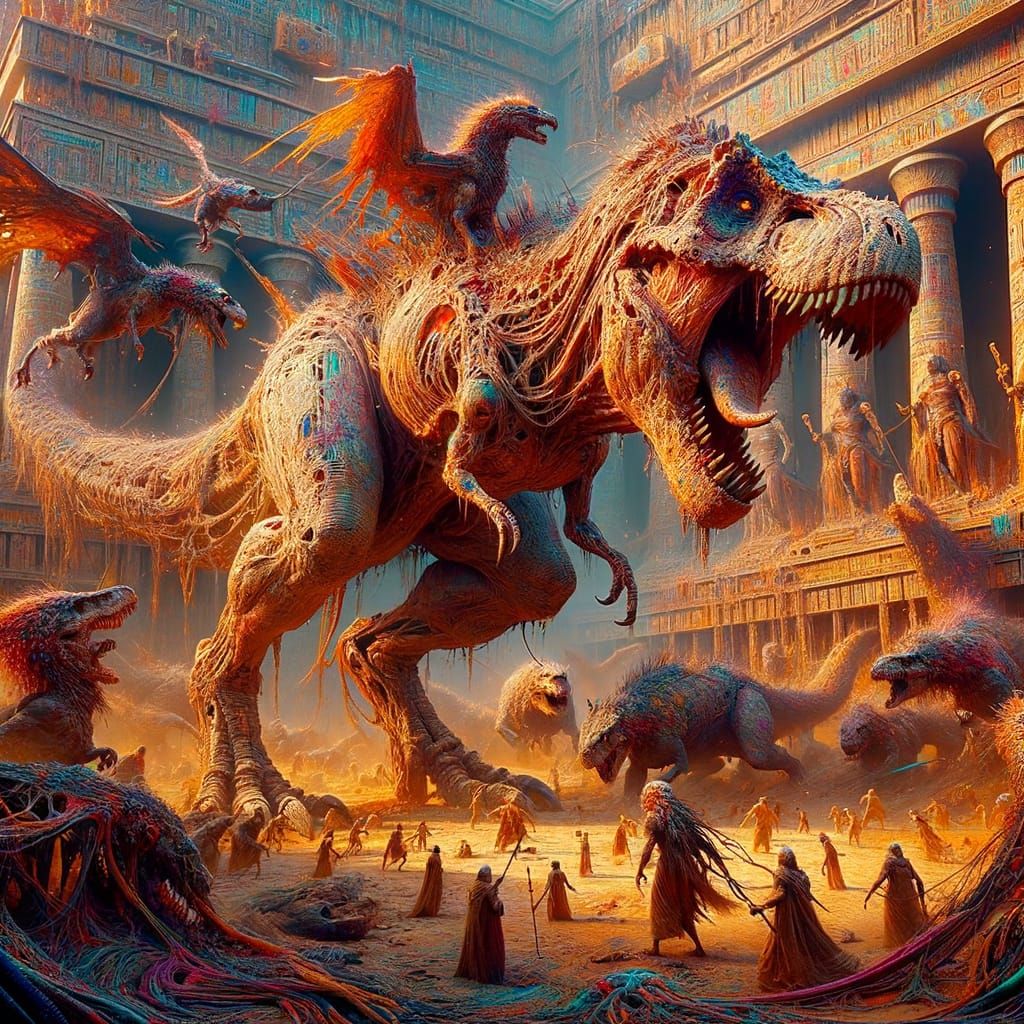 Surreal Hyper-Realistic Battle of a Decaying T-Rex in Ancien...