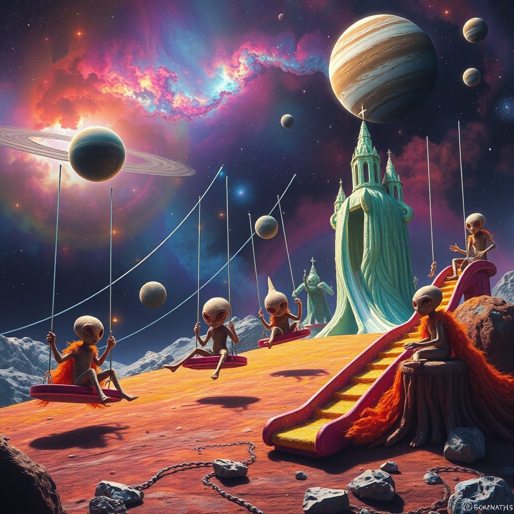 Alien Children Play on Cosmic Playground in Surreal Style