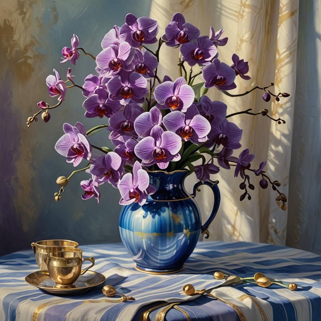 Romantic Still Life of Purple Orchids in Oil