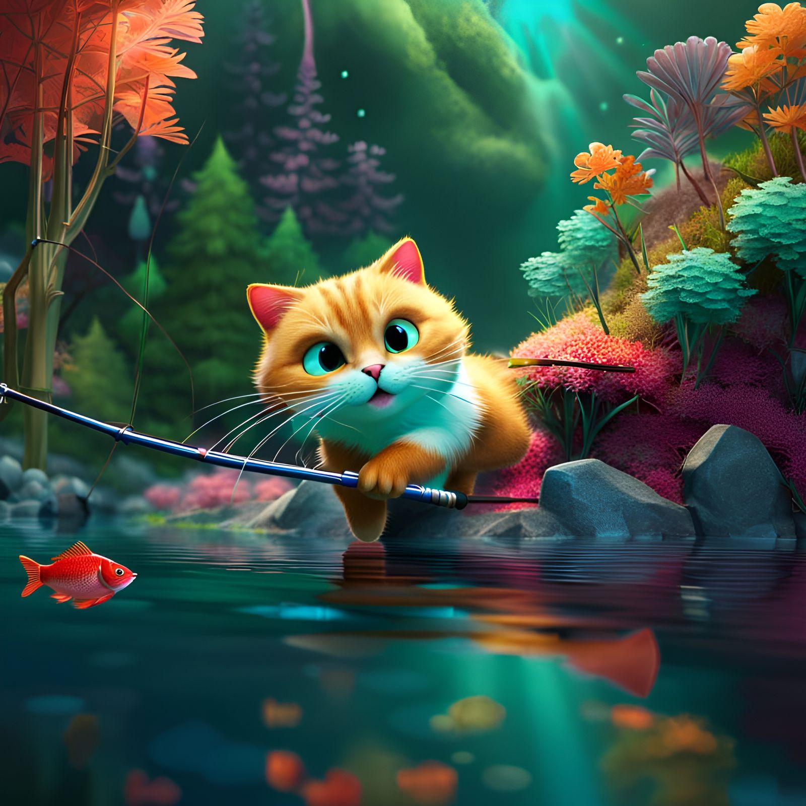 Cat Fishing in a Colorful 3D Forest