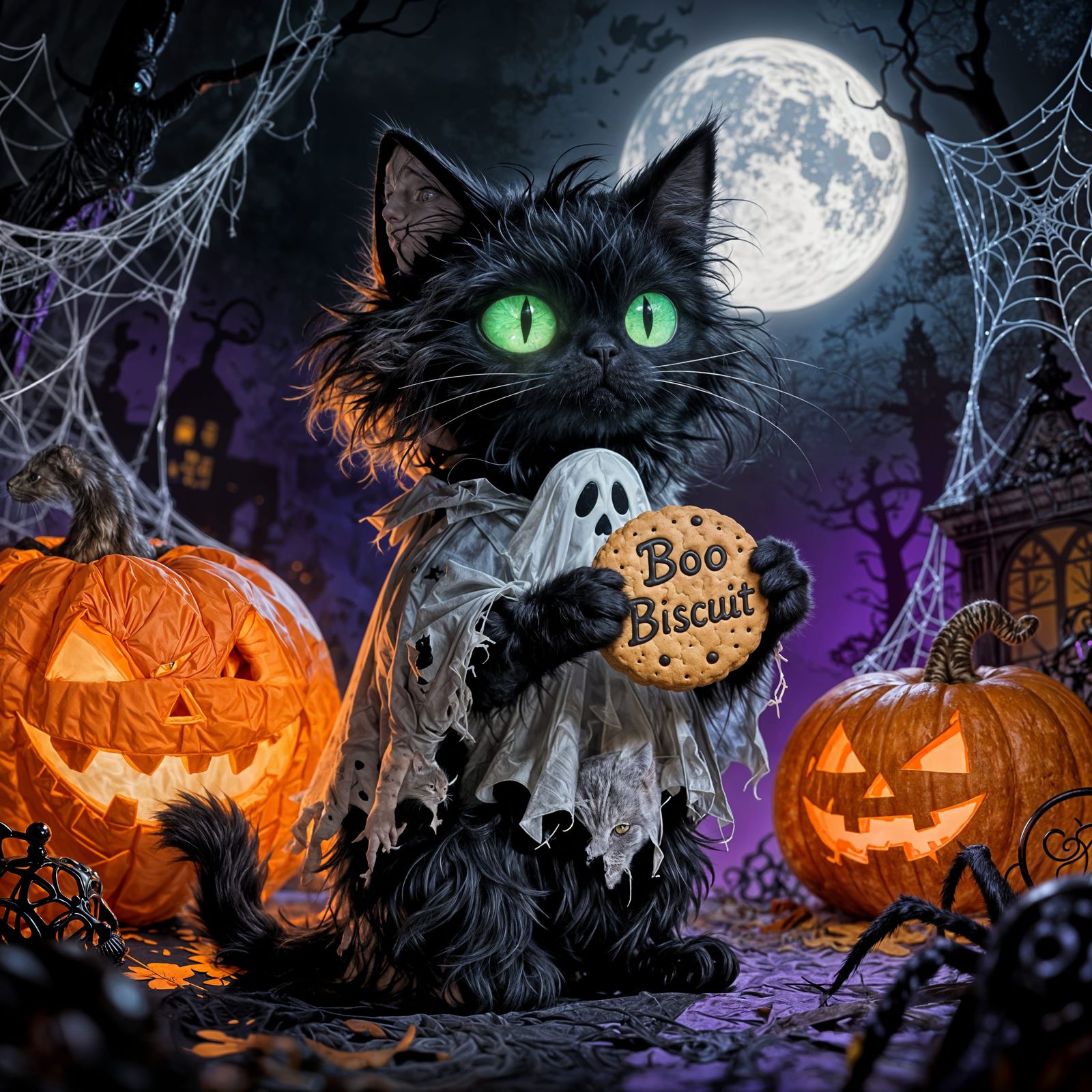 Fluffy Black Kitty in Ghost Costume with Boo Biscuit