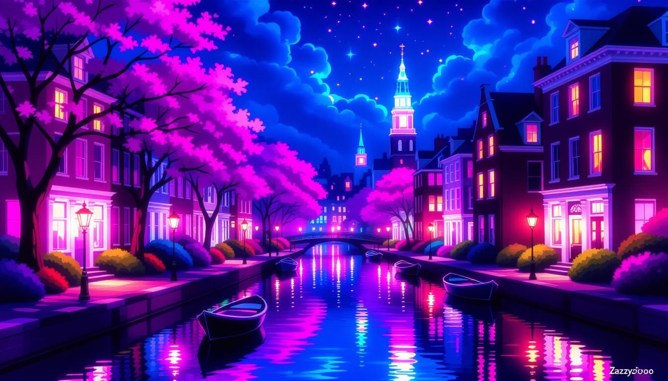 Colorful Streetlights Reflected in Water in Neon Style