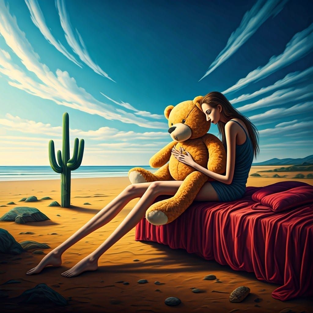 Surrealist Dreamscape with Elongated Woman and Giant Teddy B...
