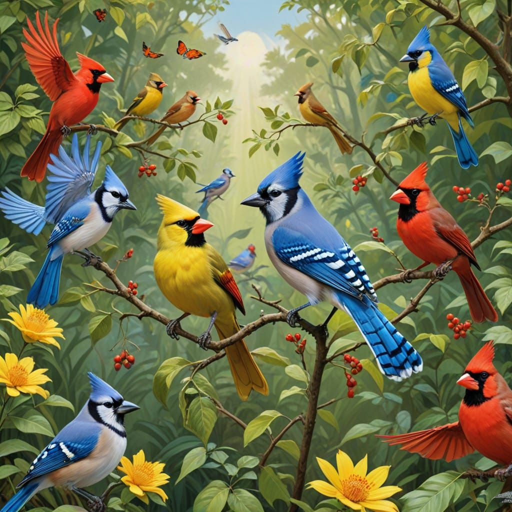 Vibrant Birds Swoop into Whimsical Landscape
