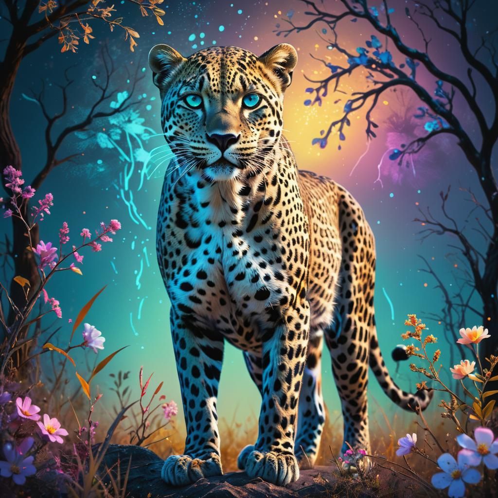 Leopard in Bioluminescent Savannah: Digital Art