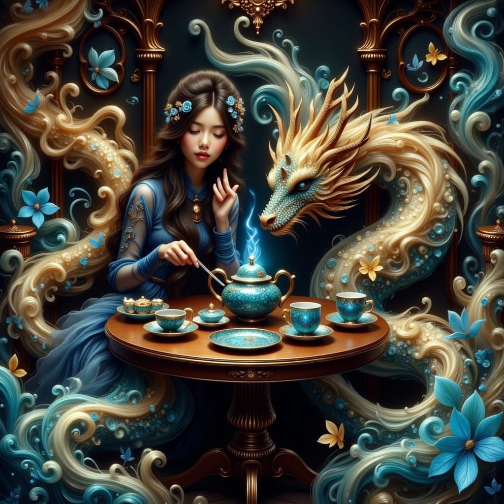 Woman Enjoys Tea With Sleeping Dragon
