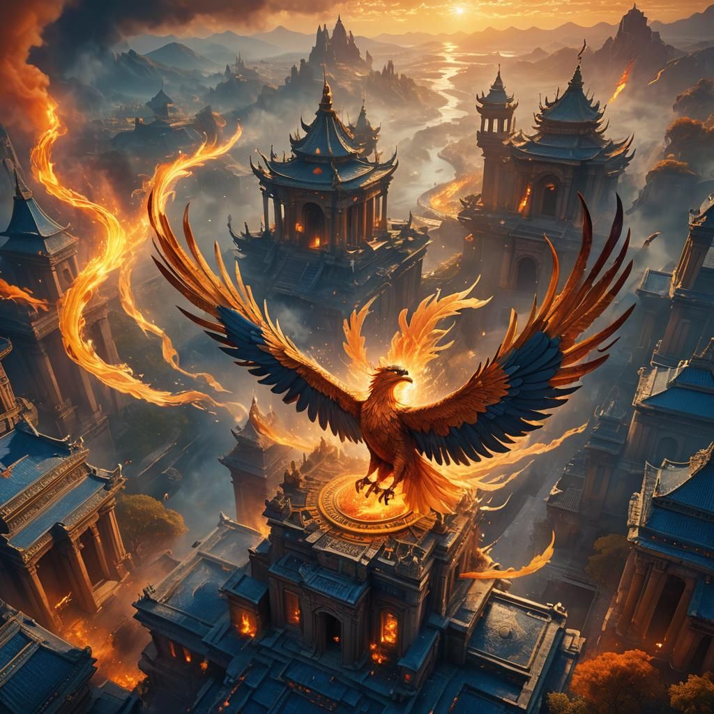 Fiery Phoenix Over Mystical Sanctuary: Fantasy Art