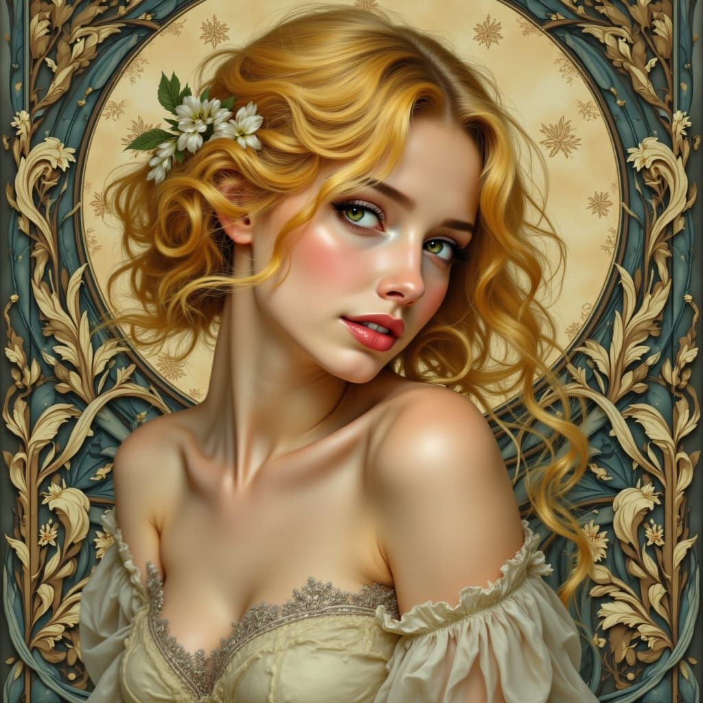 Art Nouveau Portrait of a Sad, Crying Woman