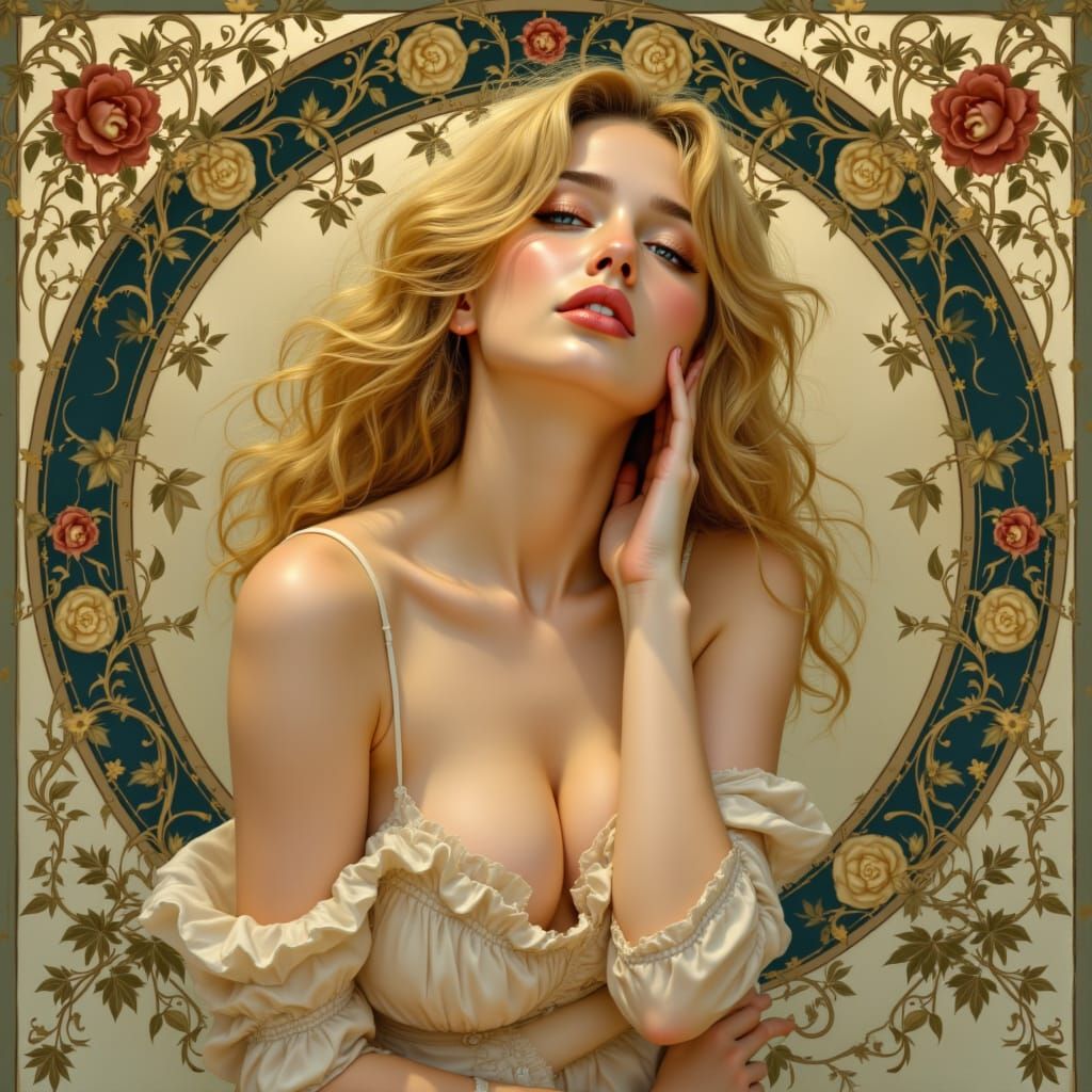 Art Nouveau Portrait of a Sad Woman with Flowing Blonde Hair