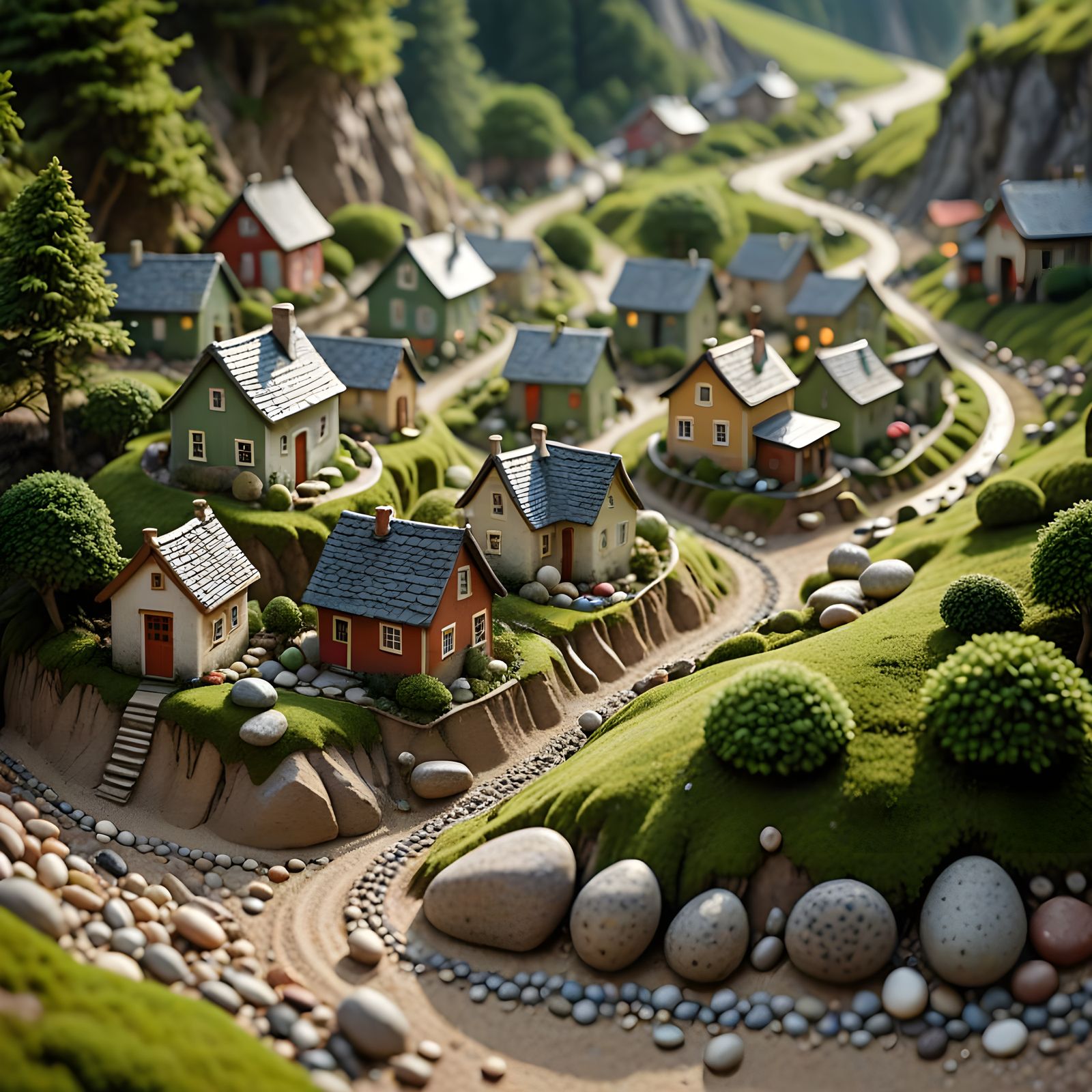 Miniature Village Among Pebbles in a Natural Setting