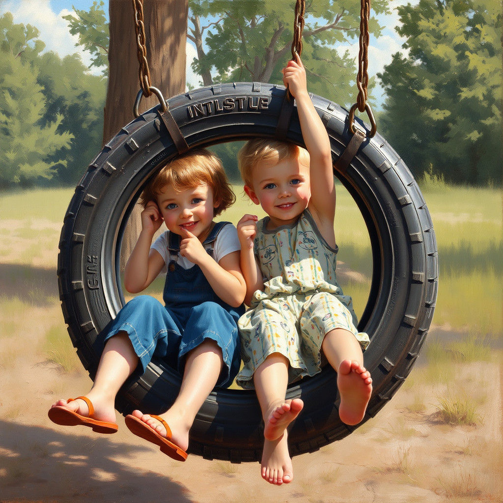 Children on Tire Swing as Oil Painting