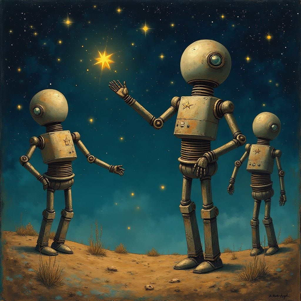 Robots Catching Stars in Starry Night Sky