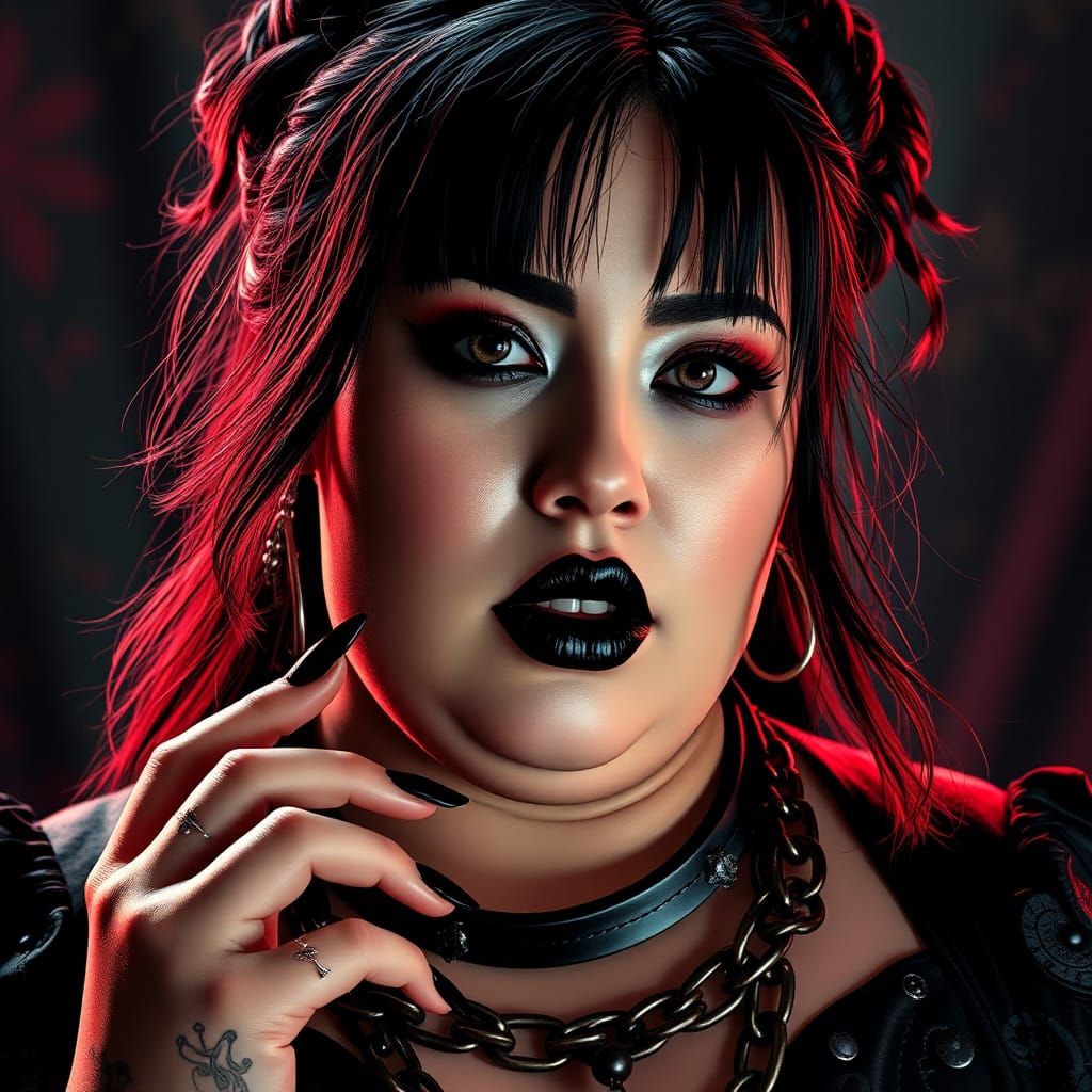 Goth Japanese Woman with Piercings in Hyperrealistic Style