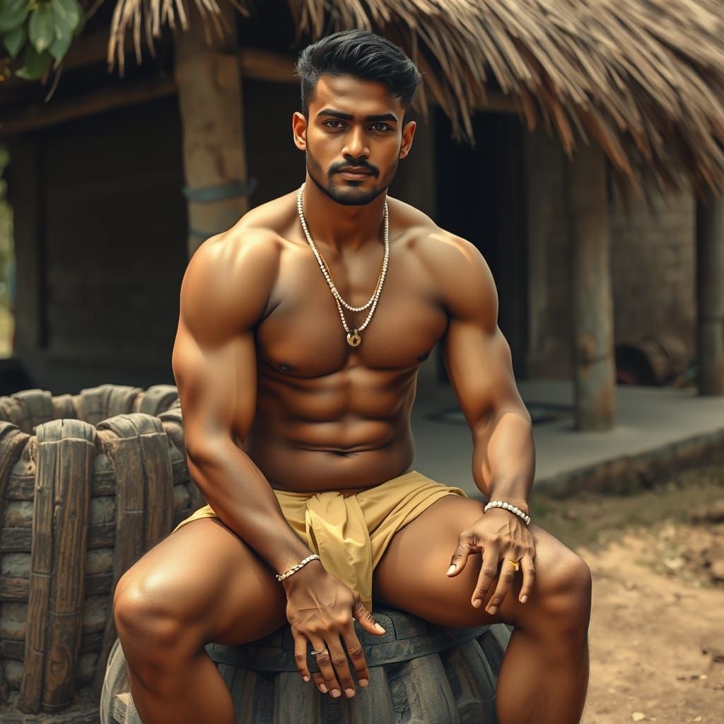 Muscular Indian Man on Charpai, Classical Painting Style