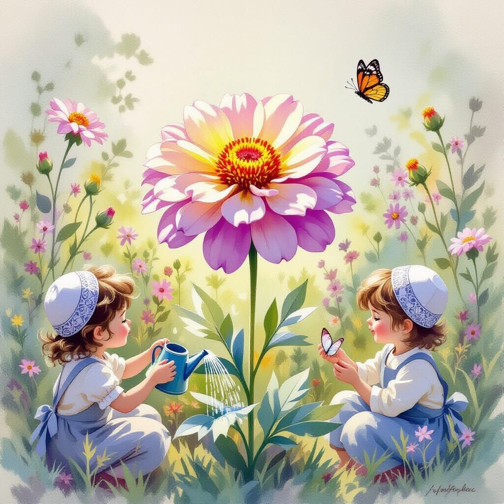 Marigold with Children, Whimsical Illustration