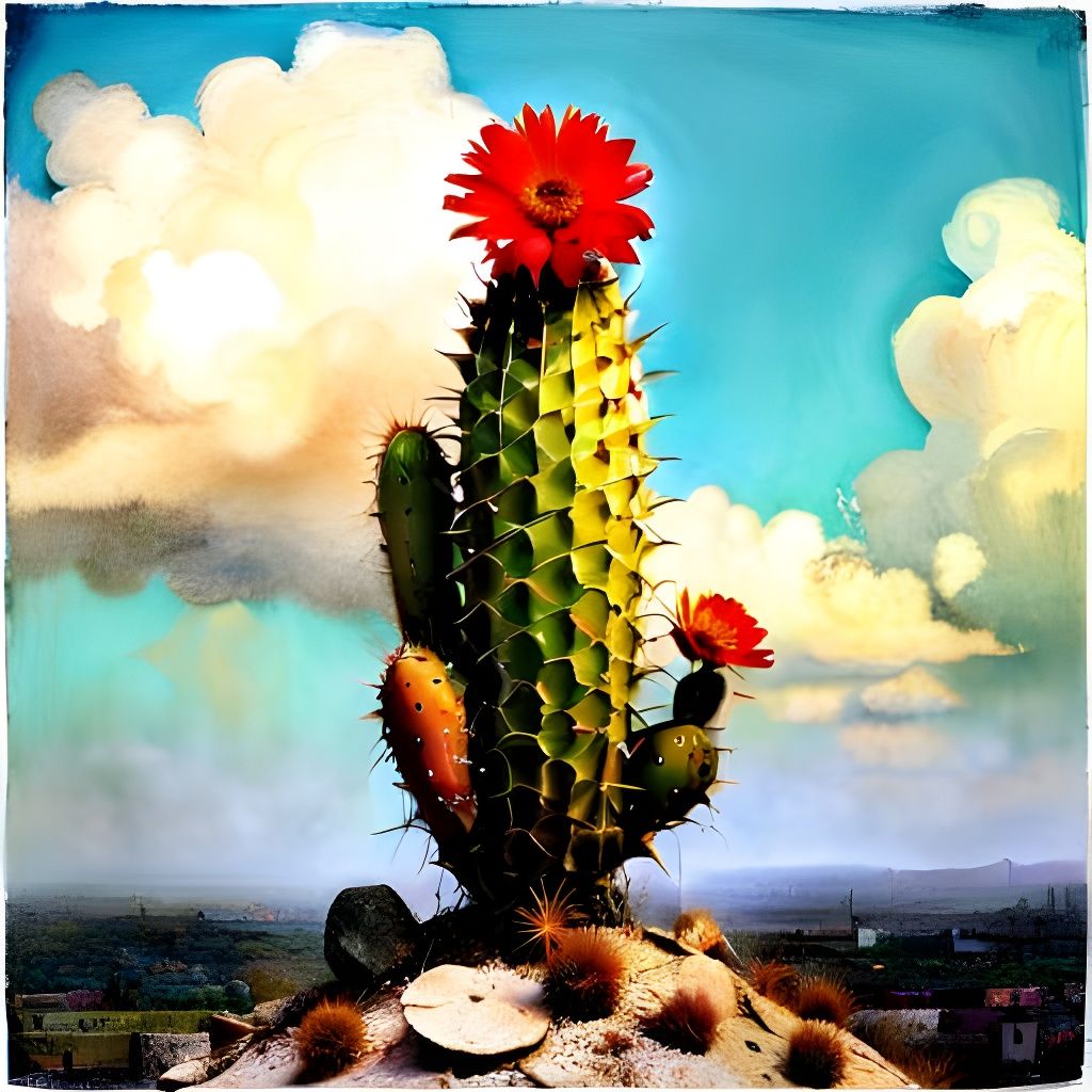 Chibi Cactus Gunslinger in Surreal Mixed-Media Art