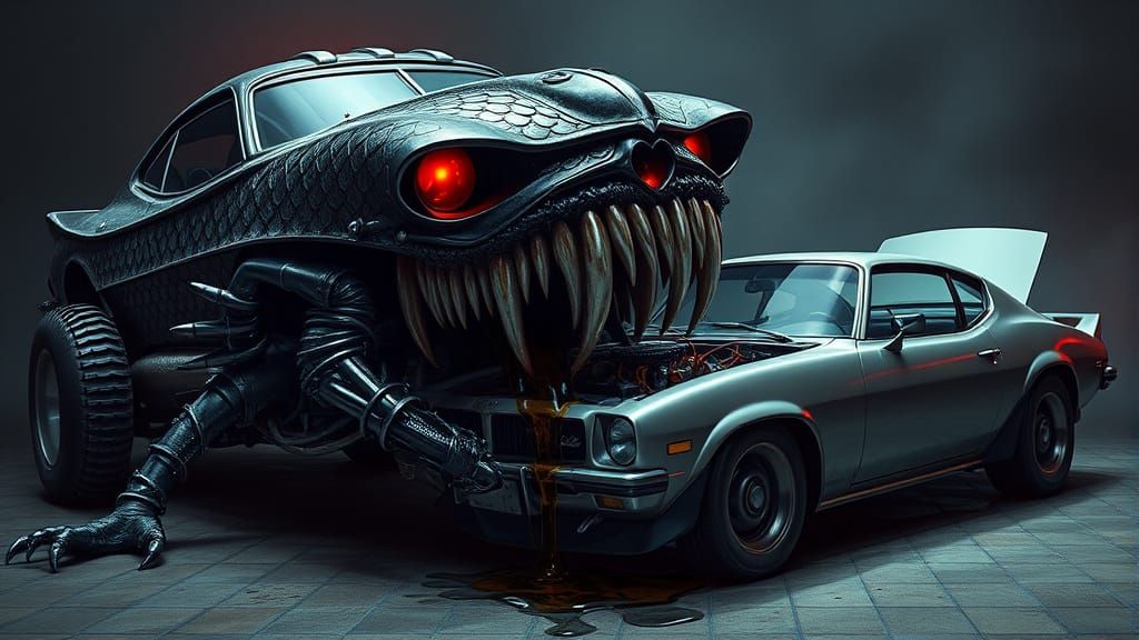 Cyberpunk Vampire Muscle Car Devours Economy Car Engine