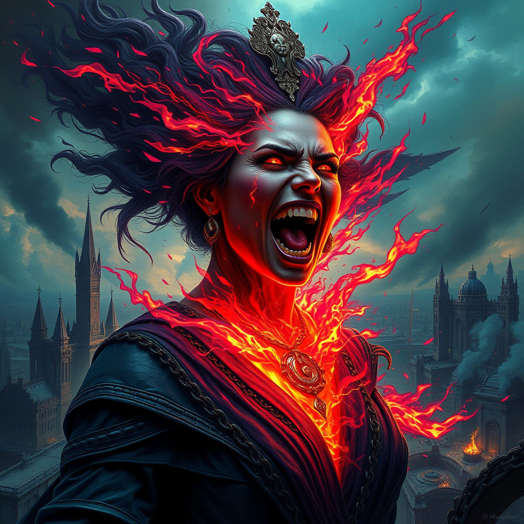 Fierce Woman Shatters Chains in Fiery Surrealist Style