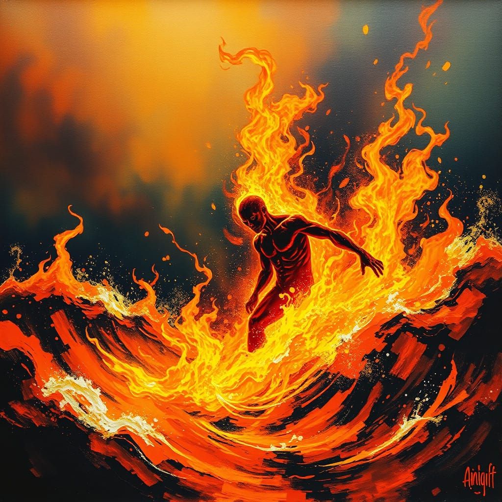 Figure Overwhelmed by Turbulent Inferno