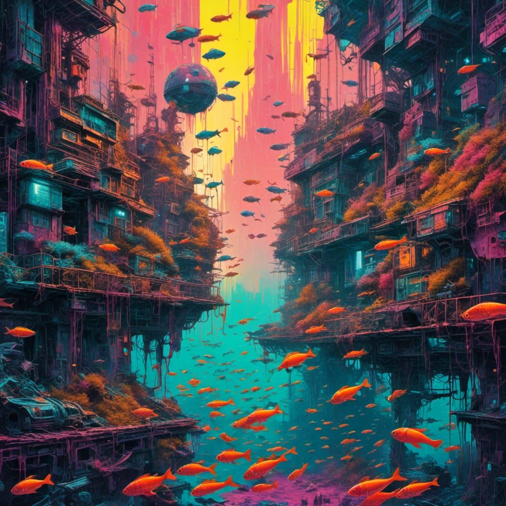 Neon Mechanical Fish in Underwater Cyberpunk Dystopia