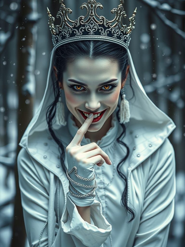 Vampire Queen in Snowy Forest, Intense Gaze