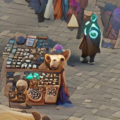 Mysterious Trinket Trader in Dark Alleyway