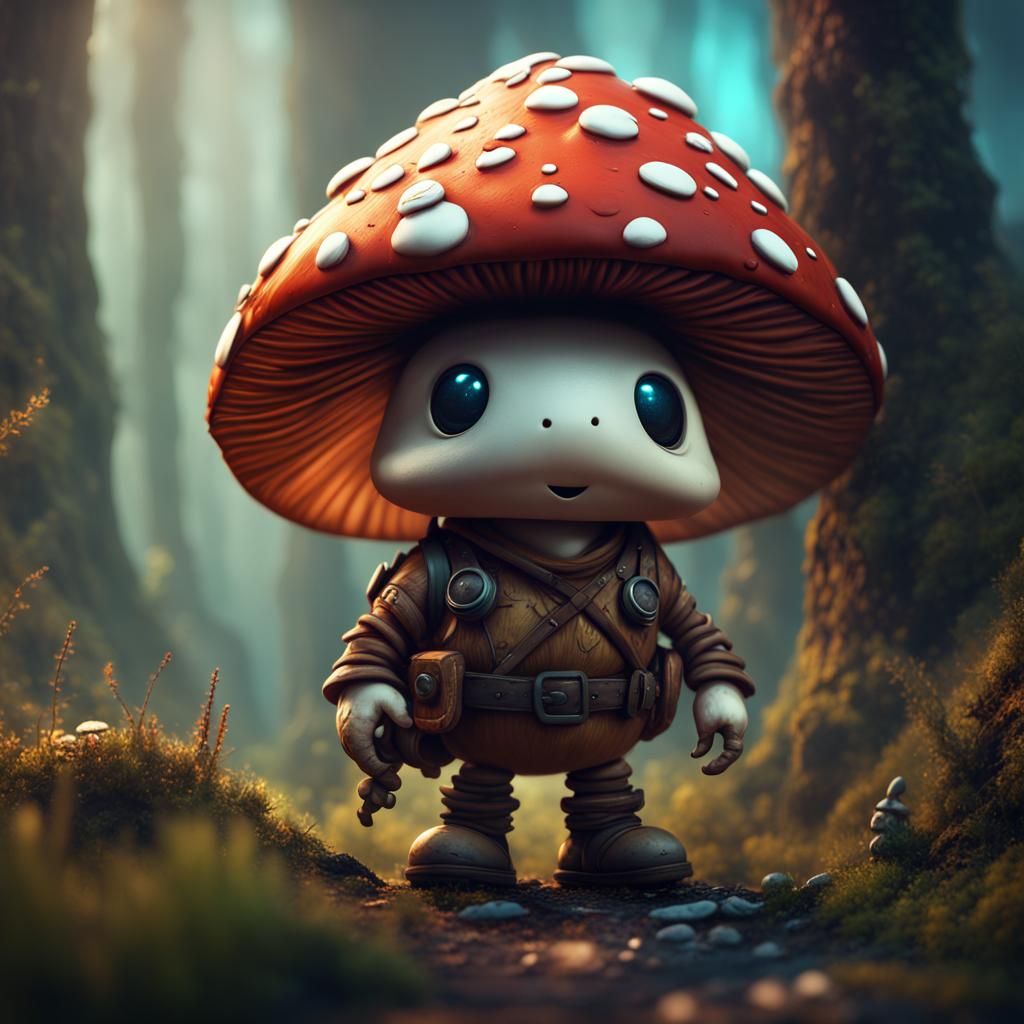 Fantastical Mushroom Man Adventurer in Matte Painting