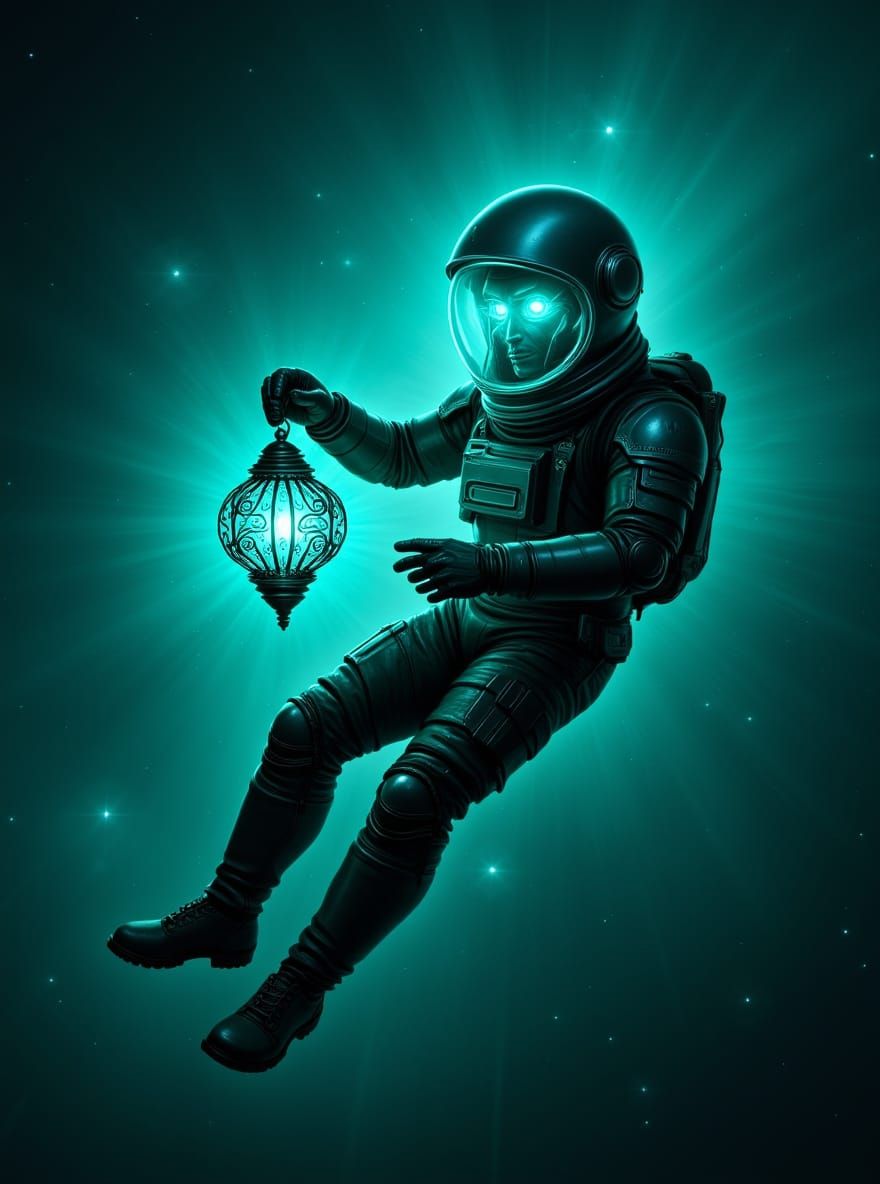 Astronaut with Ethereal Lantern in Cosmic Nebula