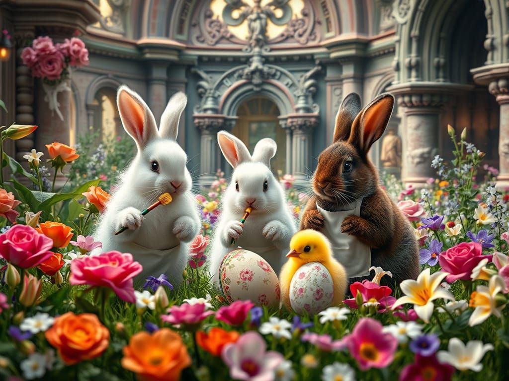 Enchanted Easter Egg Painting by Bunnies and Chick