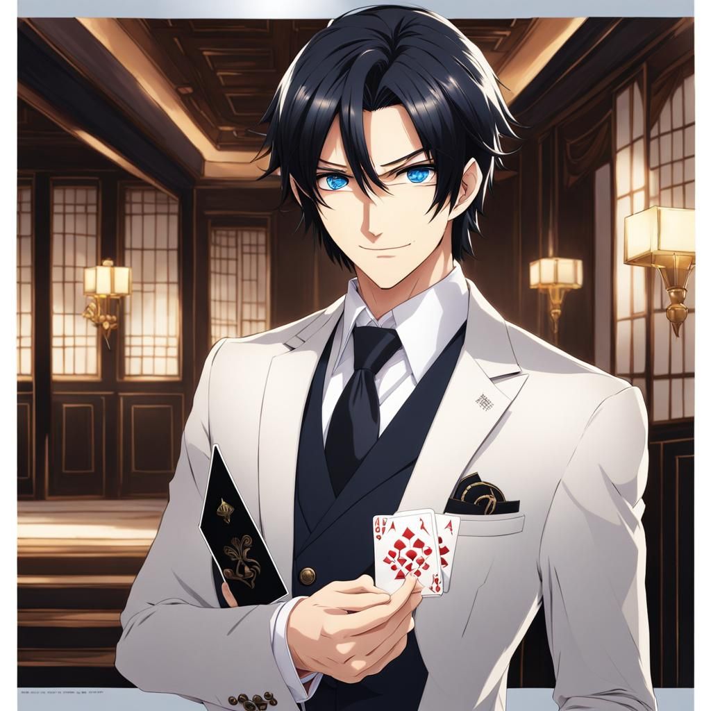 Handsome Man Holding Card in Anime Style