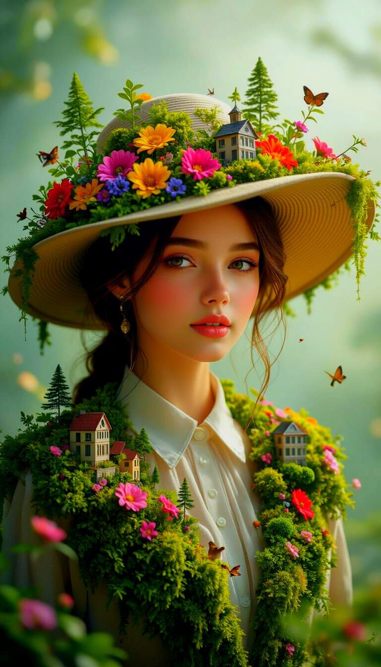 Woman's Hat Holds Miniature Ecosystem in 3D Double Exposure