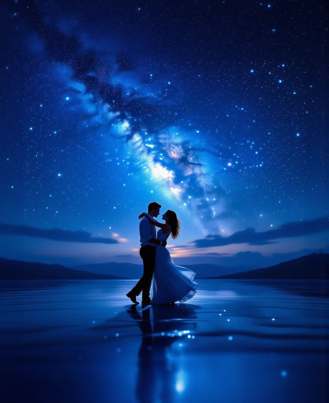 Lovers Dancing Under Night Sky: Cinematic Film Still