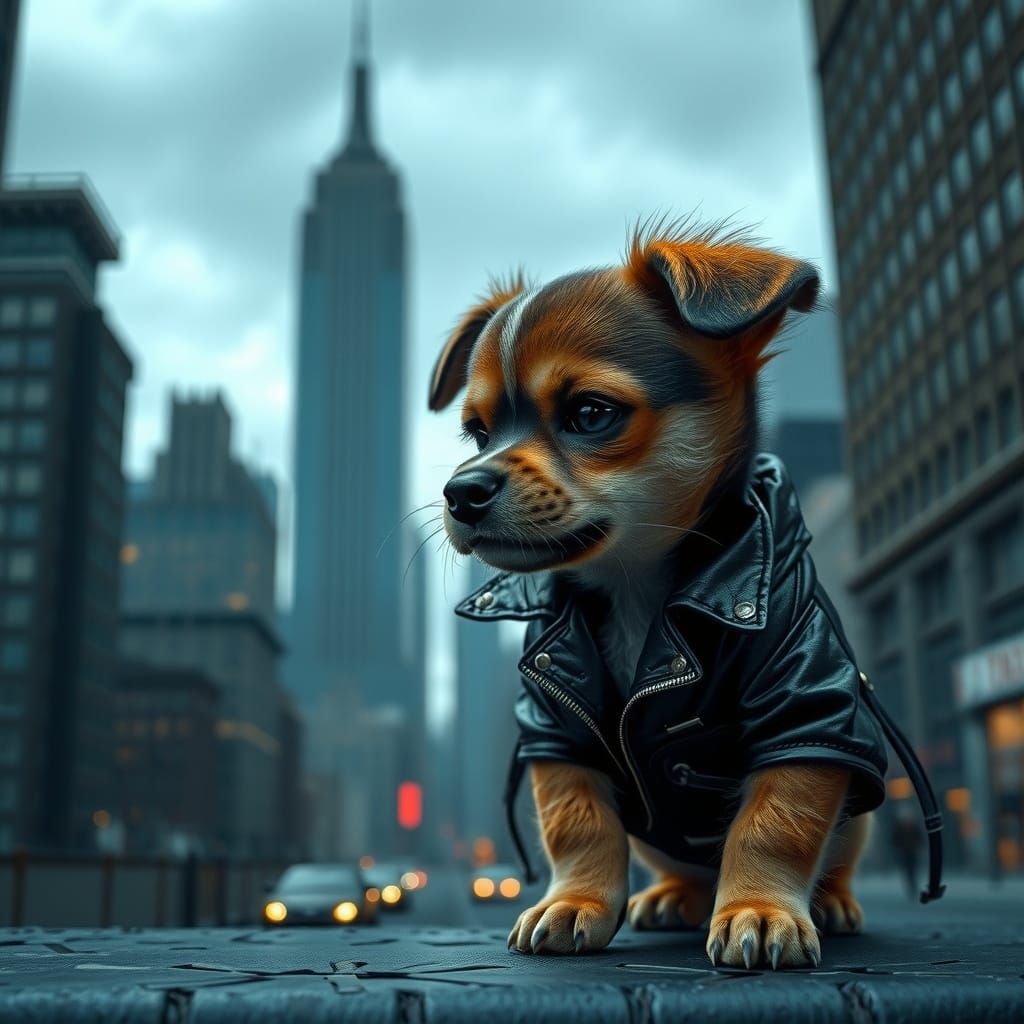 Mischievous Puppy in Cityscape, Cinematic Style
