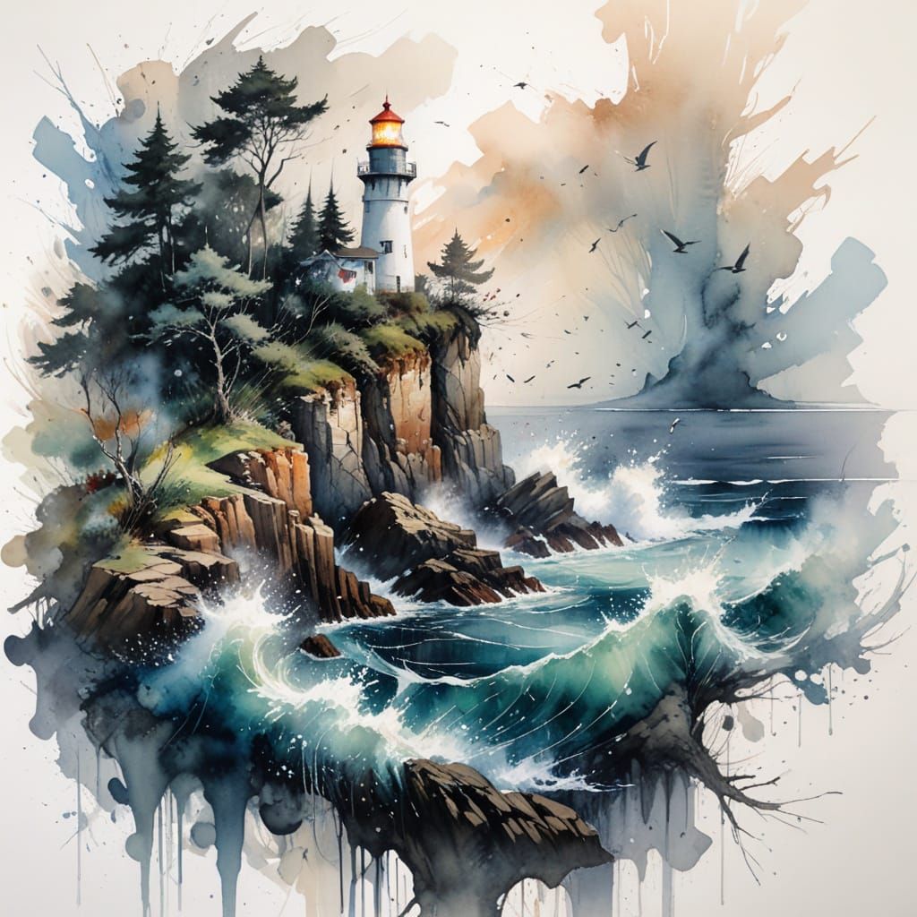 Lighthouse on Windswept Cliff in Expressive Watercolour