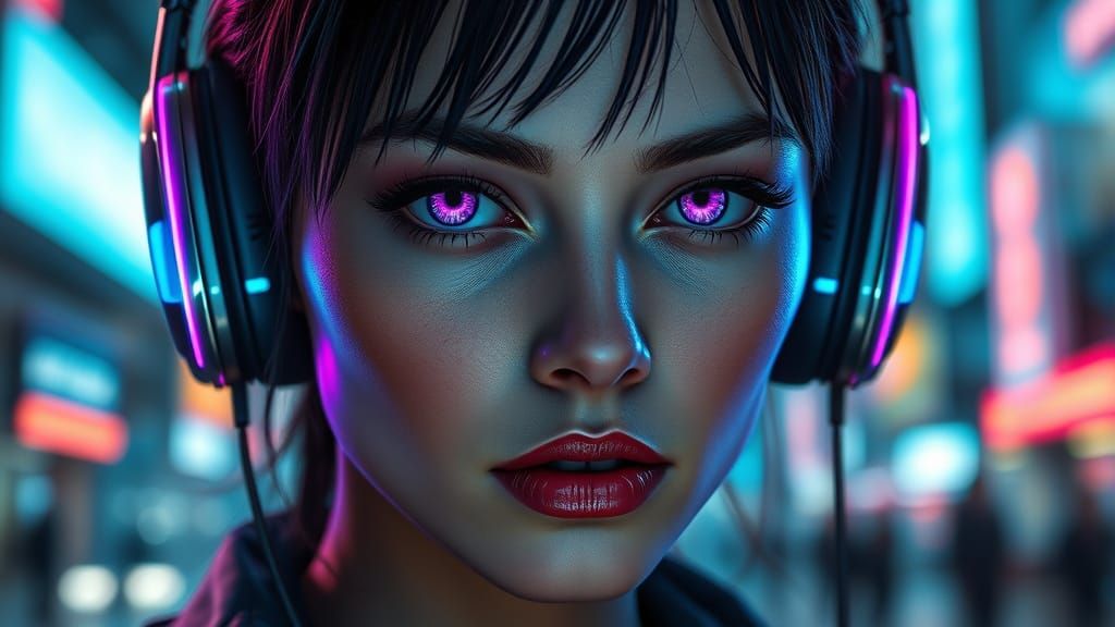 Cyberpunk Woman Portrait with Glowing Eyes and Tech Headphon...
