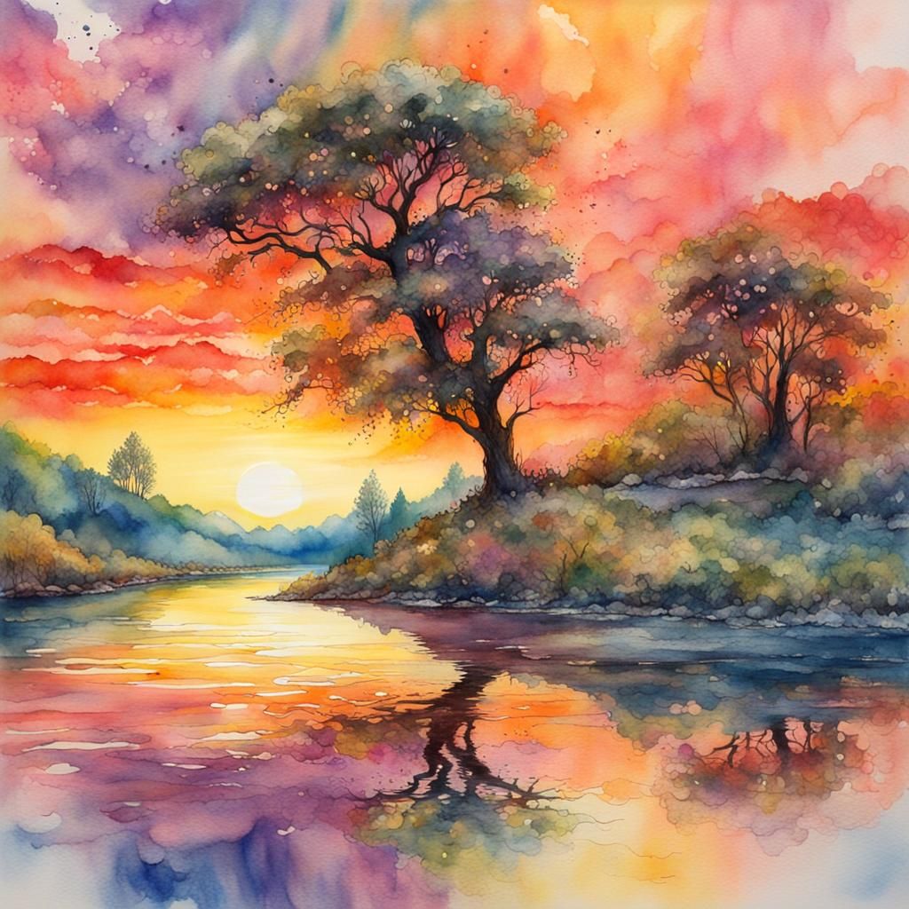 Pastel Sunset Landscape in Watercolor Style