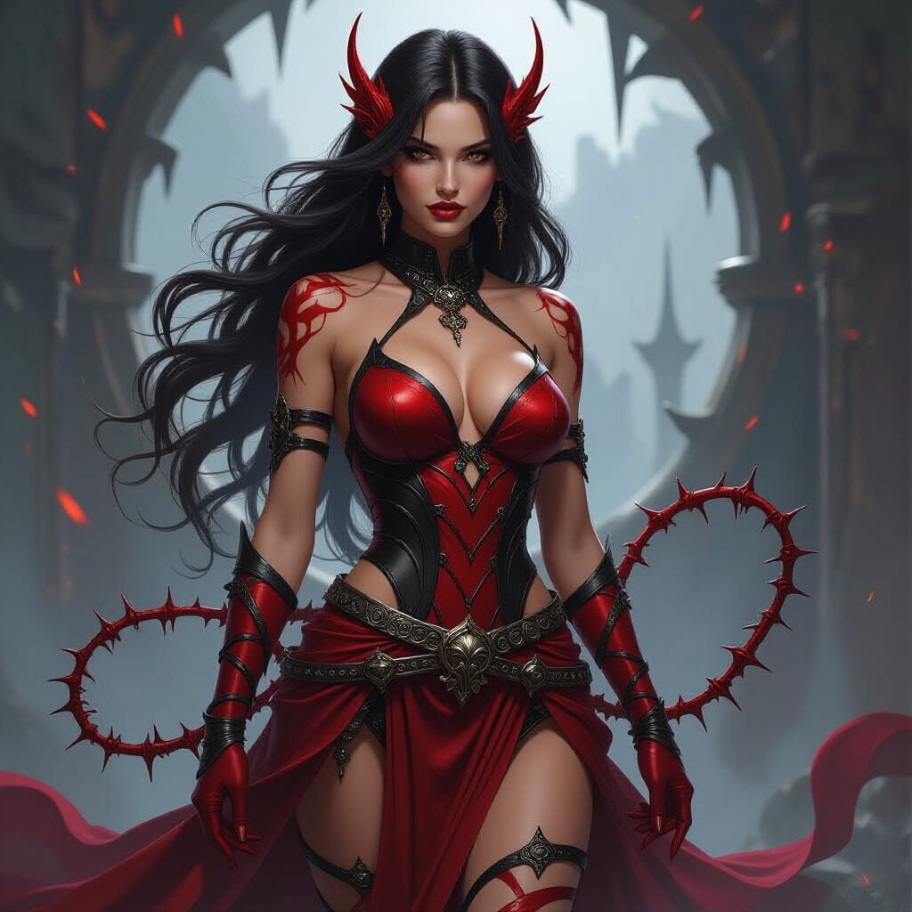 Striking Woman with Crimson Markings in Dark Fantasy Style