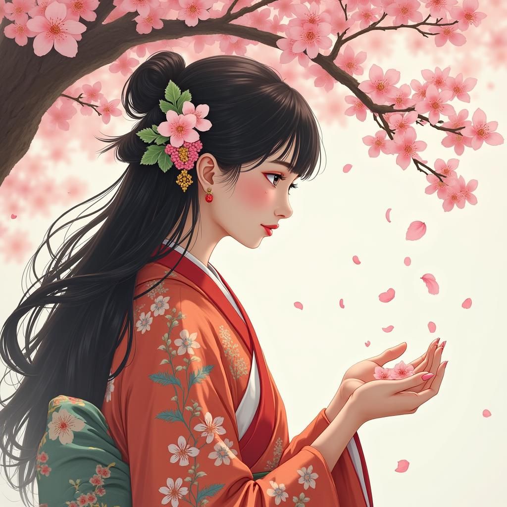 Woman in Kimono Catching Cherry Blossoms