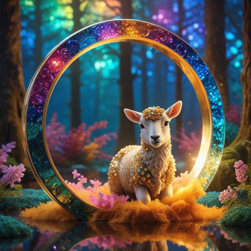 Ethereal Lamb Illuminated in Vibrant Cosmic Forest