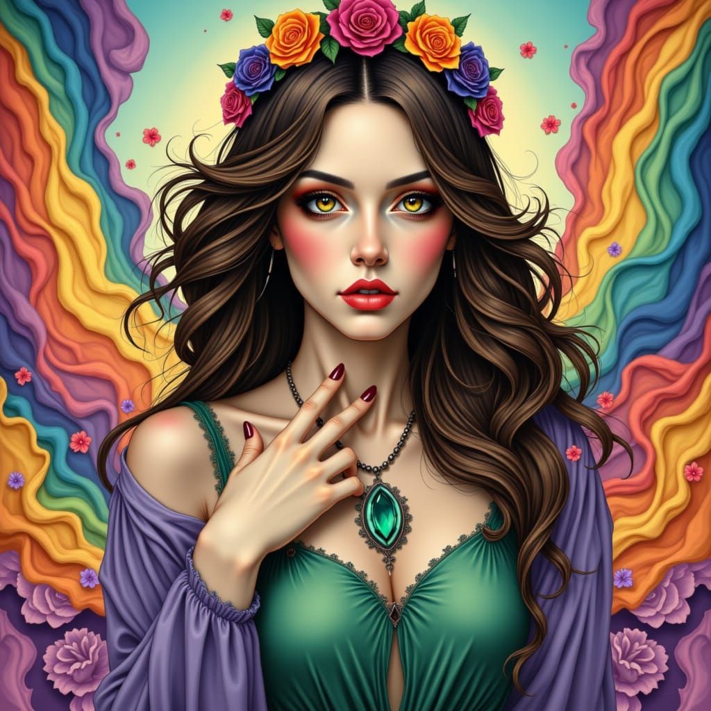 Whimsical Rainbow Goddess in Ethereal Atmosphere