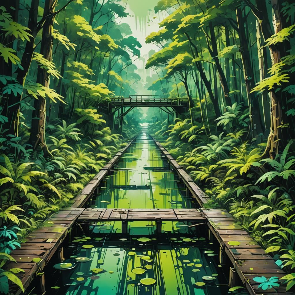 Lush Forest Pier in Graffiti Splash Art Style