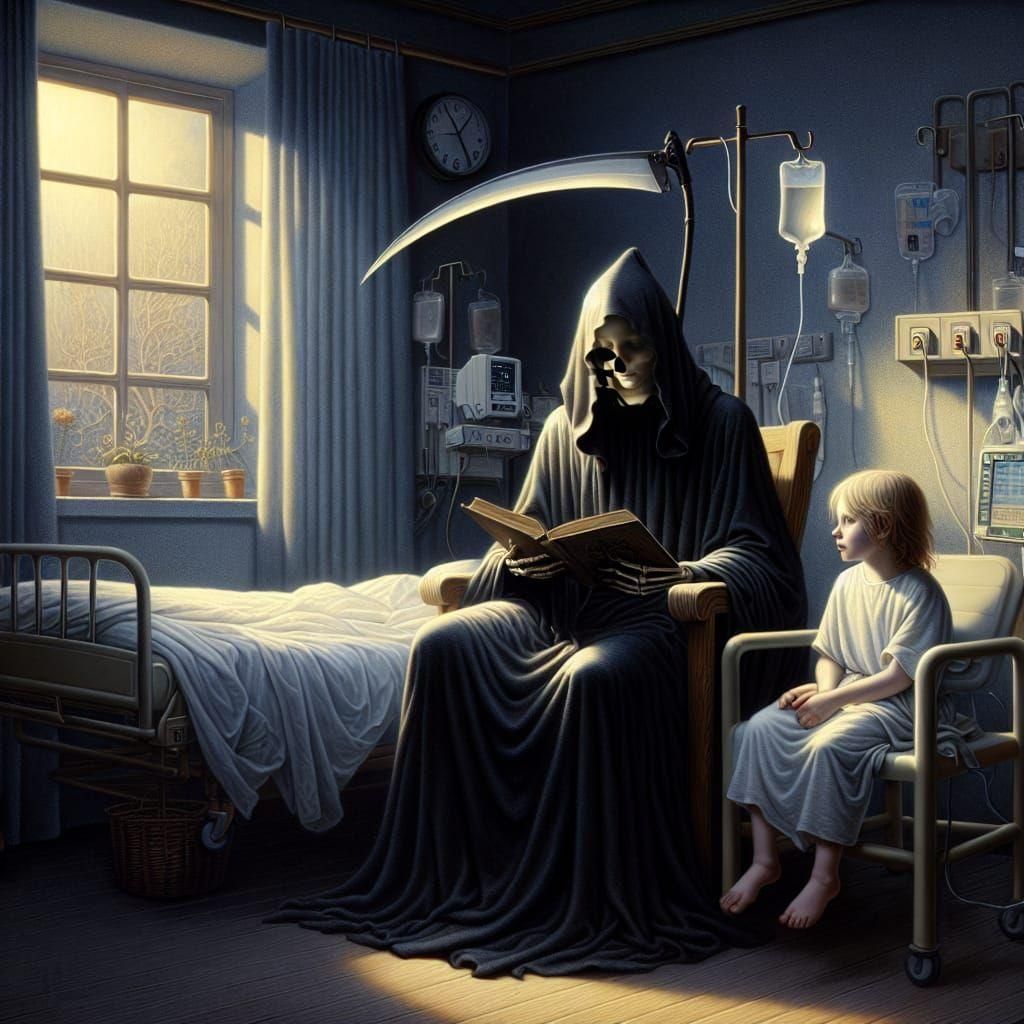 Grim Reaper Reads Fairytale to Child, Symbolist Painting