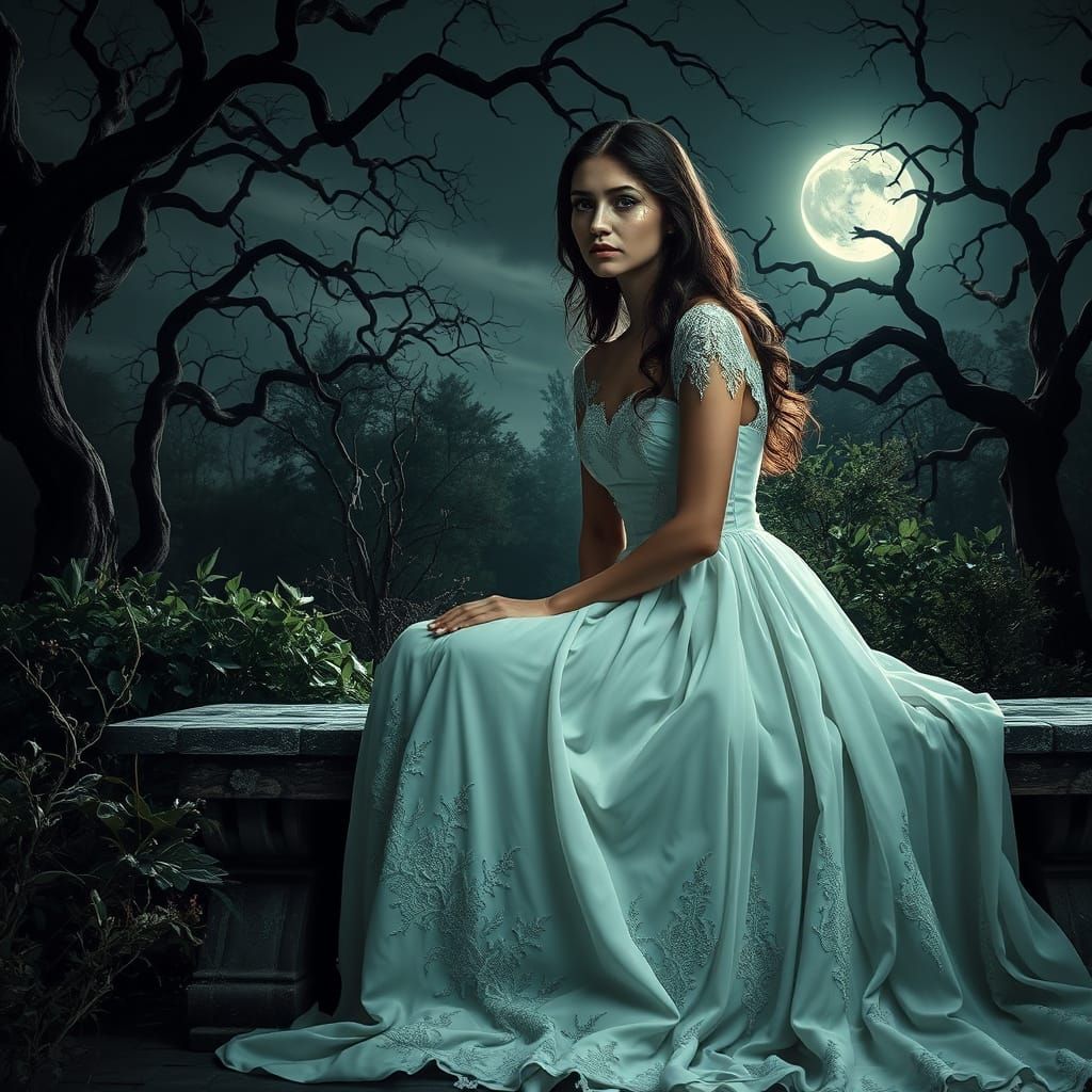 Ethereal Woman in Moonlit Despair