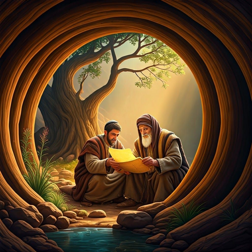 Jewish Elders Studying Ancient Scrolls in Cave, Digital Art