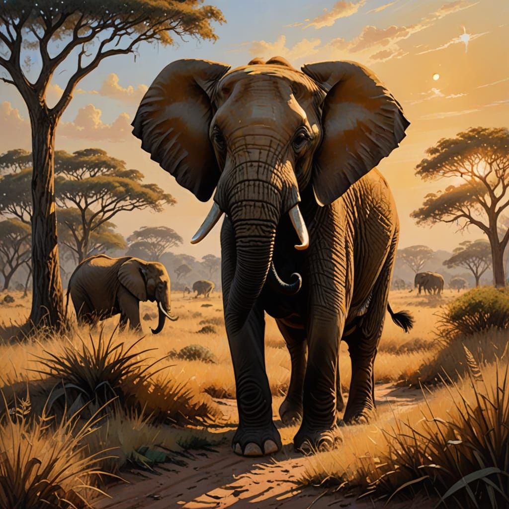 Savannah Elephant in Warm, Earthy Oil Painting Style