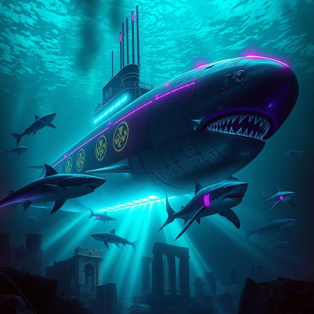 Bioluminescent U-Boat in Abyss, Surreal Underwater Scene