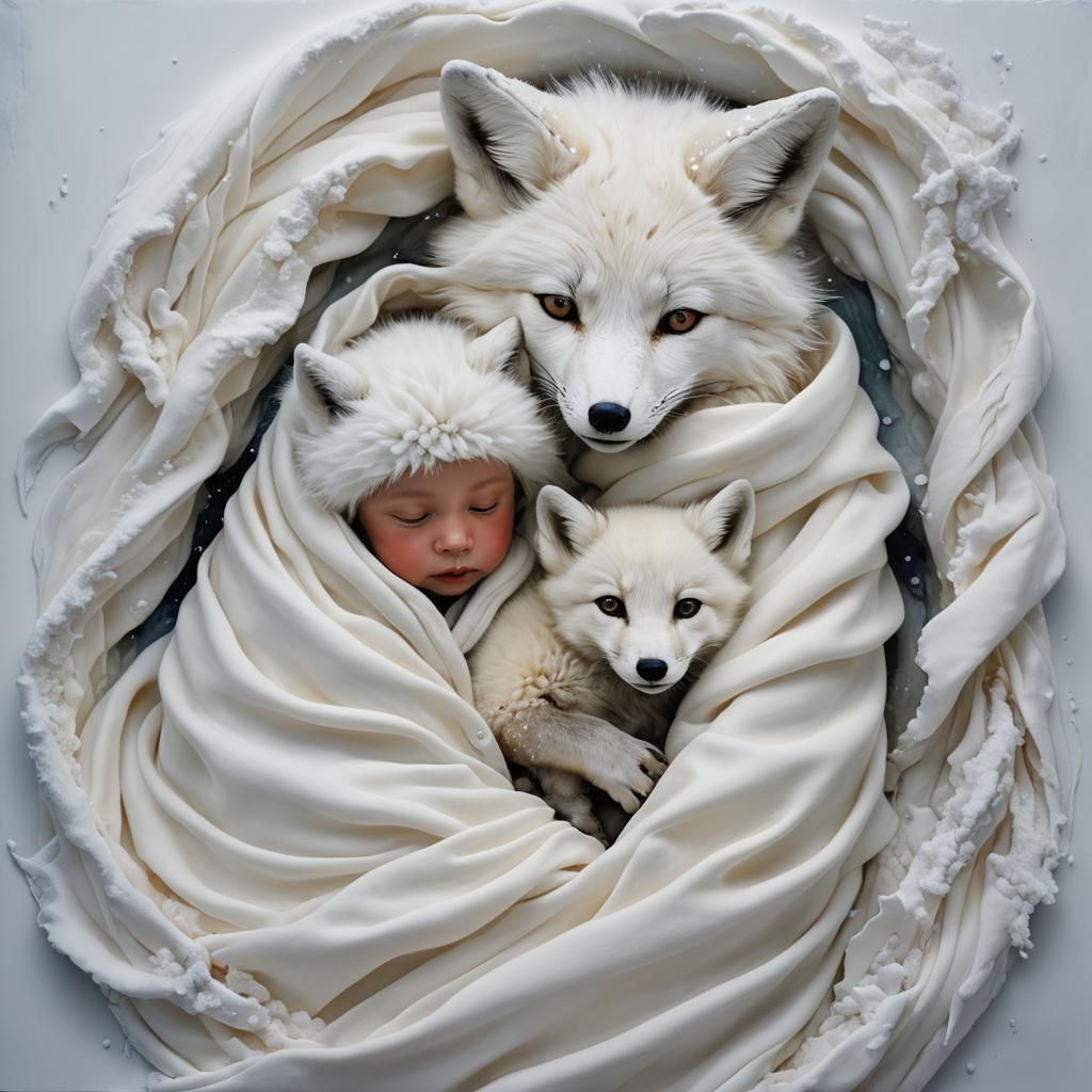 Baby and Fox Snuggling in Blizzard, as Alcohol Ink Art