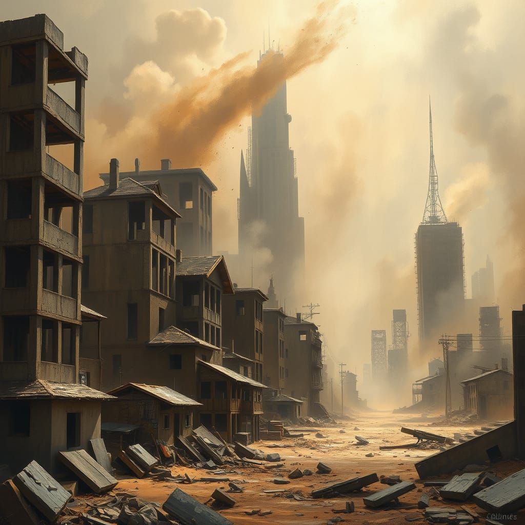 Post-Atomic Cityscape: Skeletal Ruins in Dusty Wind