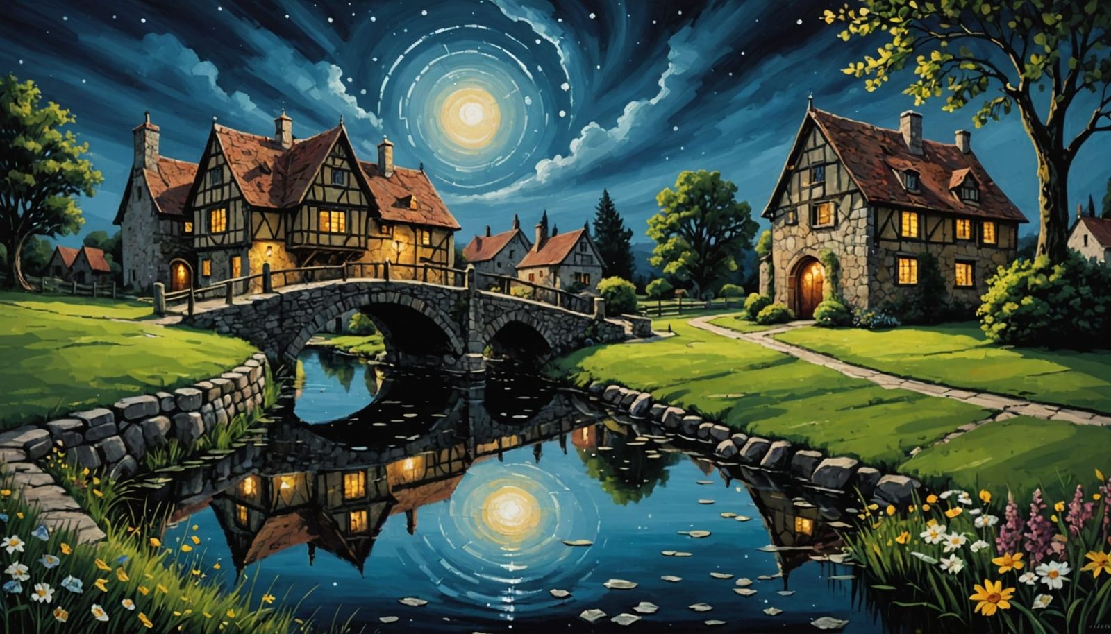 Vibrant River Reflections in a Whimsical Floral Meadow Scene