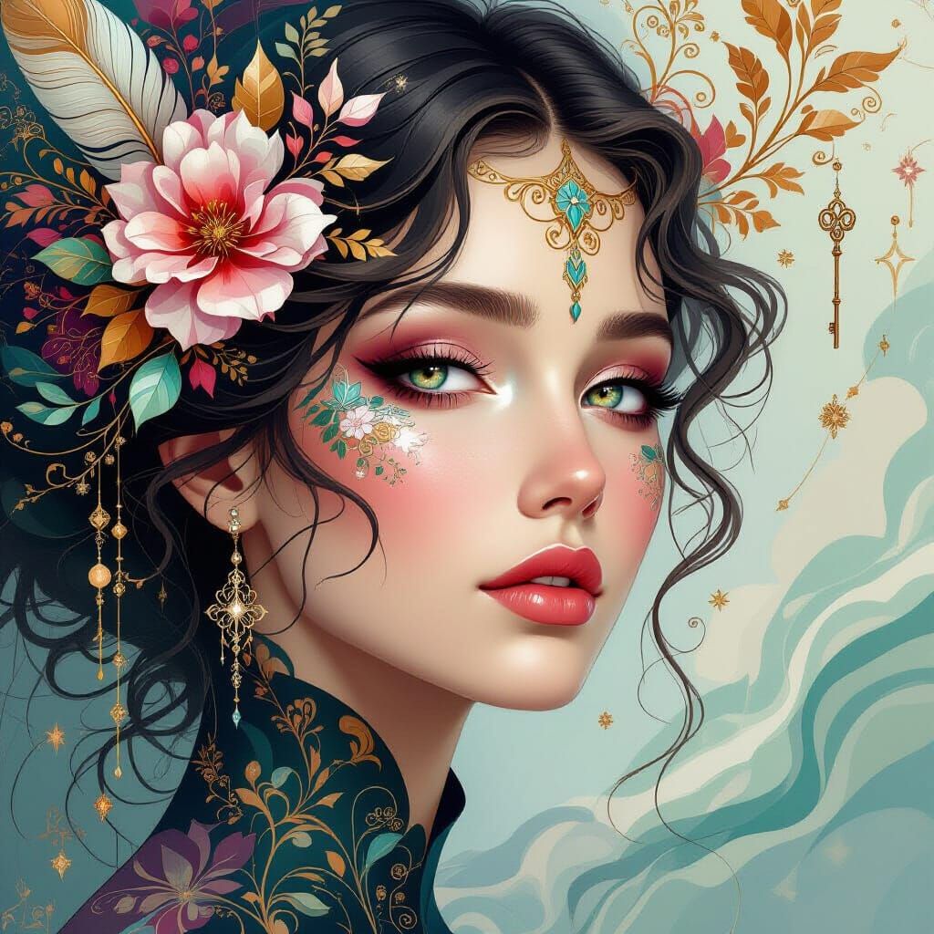 She blooms in silence, wrapped in feathers and gold